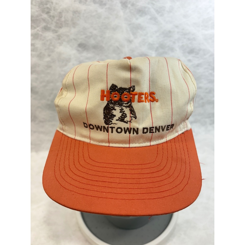 Vintage Hooters Downtown Denver Snapback Hat Pinstripe Orange White Baseball Cap